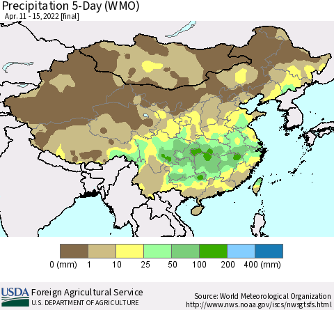 China, Mongolia and Taiwan Precipitation 5-Day (WMO) Thematic Map For 4/11/2022 - 4/15/2022