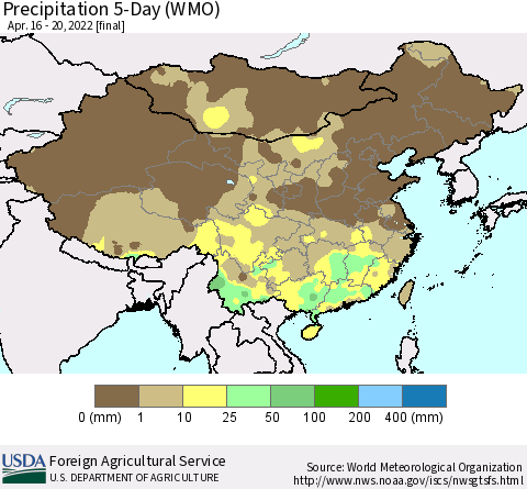 China, Mongolia and Taiwan Precipitation 5-Day (WMO) Thematic Map For 4/16/2022 - 4/20/2022
