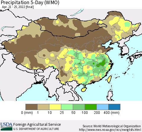 China, Mongolia and Taiwan Precipitation 5-Day (WMO) Thematic Map For 4/21/2022 - 4/25/2022