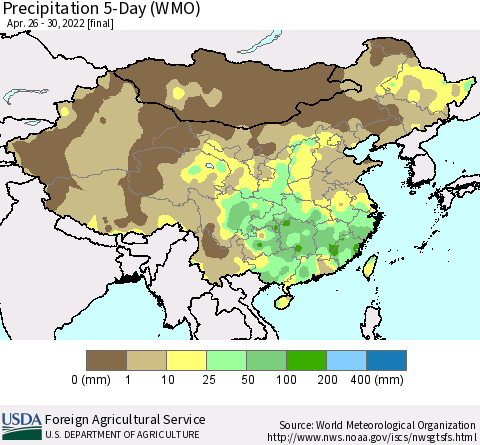 China, Mongolia and Taiwan Precipitation 5-Day (WMO) Thematic Map For 4/26/2022 - 4/30/2022