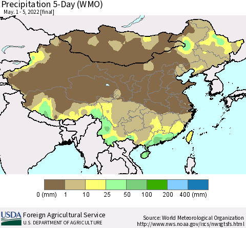 China, Mongolia and Taiwan Precipitation 5-Day (WMO) Thematic Map For 5/1/2022 - 5/5/2022