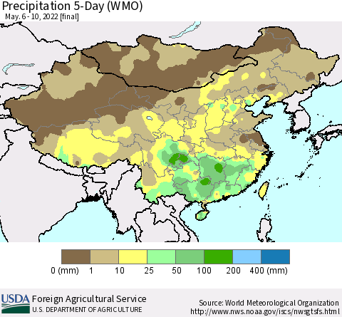 China, Mongolia and Taiwan Precipitation 5-Day (WMO) Thematic Map For 5/6/2022 - 5/10/2022