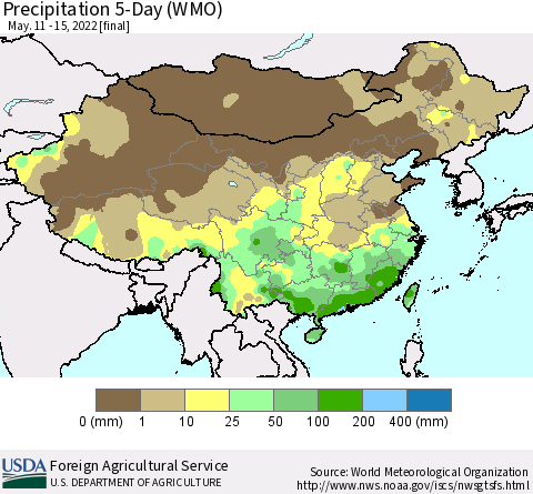 China, Mongolia and Taiwan Precipitation 5-Day (WMO) Thematic Map For 5/11/2022 - 5/15/2022