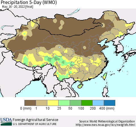 China, Mongolia and Taiwan Precipitation 5-Day (WMO) Thematic Map For 5/16/2022 - 5/20/2022
