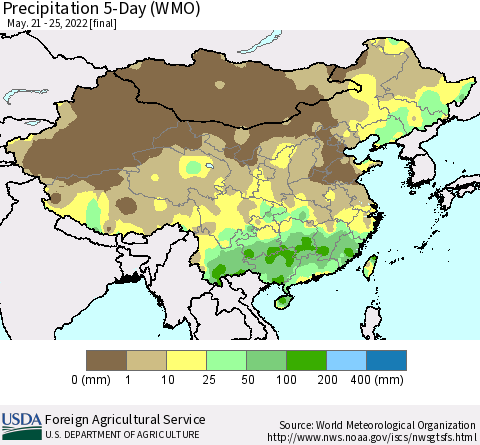 China, Mongolia and Taiwan Precipitation 5-Day (WMO) Thematic Map For 5/21/2022 - 5/25/2022