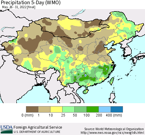 China, Mongolia and Taiwan Precipitation 5-Day (WMO) Thematic Map For 5/26/2022 - 5/31/2022