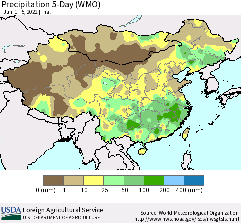 China, Mongolia and Taiwan Precipitation 5-Day (WMO) Thematic Map For 6/1/2022 - 6/5/2022