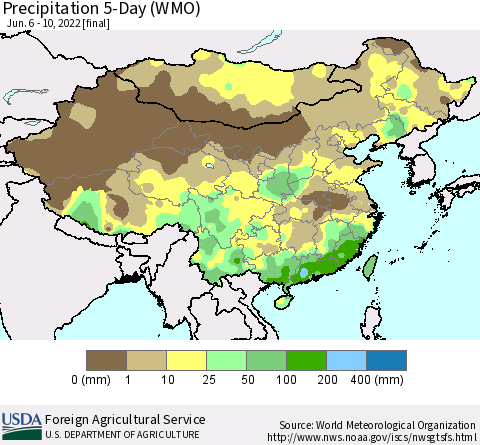 China, Mongolia and Taiwan Precipitation 5-Day (WMO) Thematic Map For 6/6/2022 - 6/10/2022
