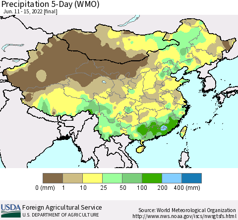 China, Mongolia and Taiwan Precipitation 5-Day (WMO) Thematic Map For 6/11/2022 - 6/15/2022