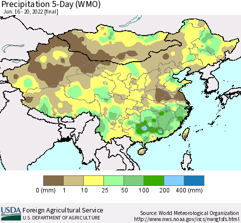 China, Mongolia and Taiwan Precipitation 5-Day (WMO) Thematic Map For 6/16/2022 - 6/20/2022