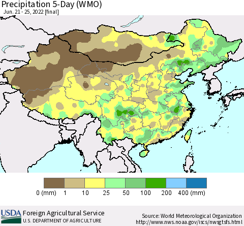 China, Mongolia and Taiwan Precipitation 5-Day (WMO) Thematic Map For 6/21/2022 - 6/25/2022