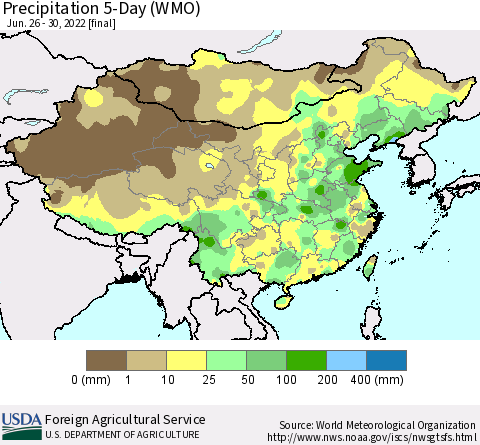China, Mongolia and Taiwan Precipitation 5-Day (WMO) Thematic Map For 6/26/2022 - 6/30/2022