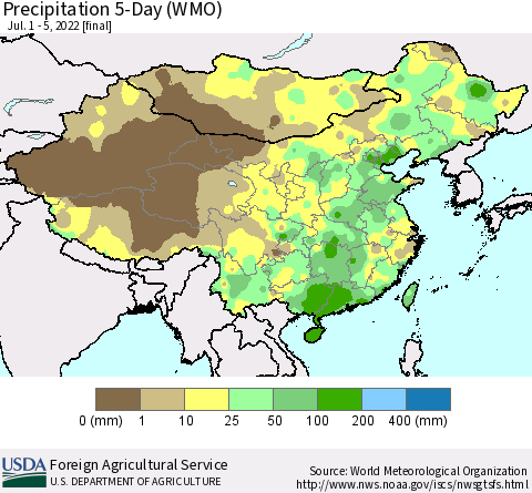 China, Mongolia and Taiwan Precipitation 5-Day (WMO) Thematic Map For 7/1/2022 - 7/5/2022