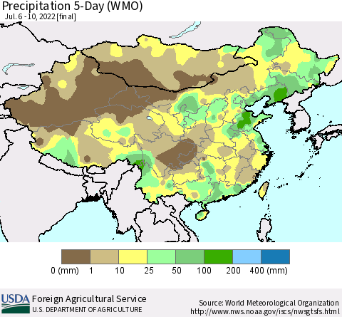 China, Mongolia and Taiwan Precipitation 5-Day (WMO) Thematic Map For 7/6/2022 - 7/10/2022