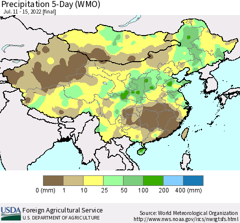 China, Mongolia and Taiwan Precipitation 5-Day (WMO) Thematic Map For 7/11/2022 - 7/15/2022