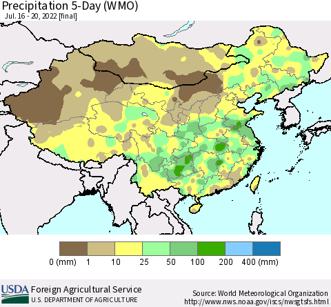 China, Mongolia and Taiwan Precipitation 5-Day (WMO) Thematic Map For 7/16/2022 - 7/20/2022