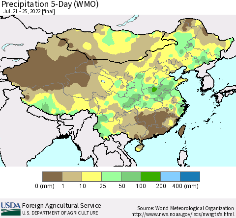 China, Mongolia and Taiwan Precipitation 5-Day (WMO) Thematic Map For 7/21/2022 - 7/25/2022