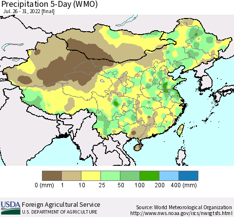 China, Mongolia and Taiwan Precipitation 5-Day (WMO) Thematic Map For 7/26/2022 - 7/31/2022