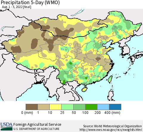 China, Mongolia and Taiwan Precipitation 5-Day (WMO) Thematic Map For 8/1/2022 - 8/5/2022