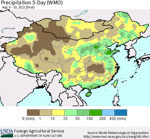 China, Mongolia and Taiwan Precipitation 5-Day (WMO) Thematic Map For 8/6/2022 - 8/10/2022