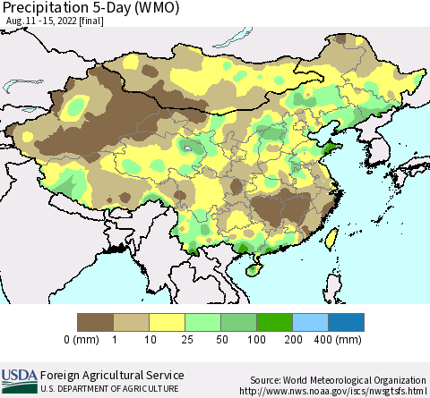 China, Mongolia and Taiwan Precipitation 5-Day (WMO) Thematic Map For 8/11/2022 - 8/15/2022