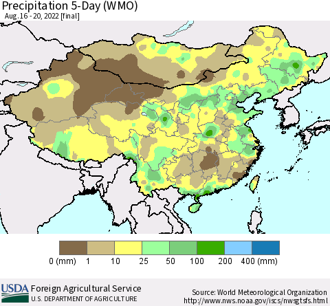 China, Mongolia and Taiwan Precipitation 5-Day (WMO) Thematic Map For 8/16/2022 - 8/20/2022