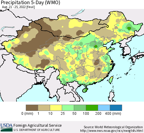 China, Mongolia and Taiwan Precipitation 5-Day (WMO) Thematic Map For 8/21/2022 - 8/25/2022