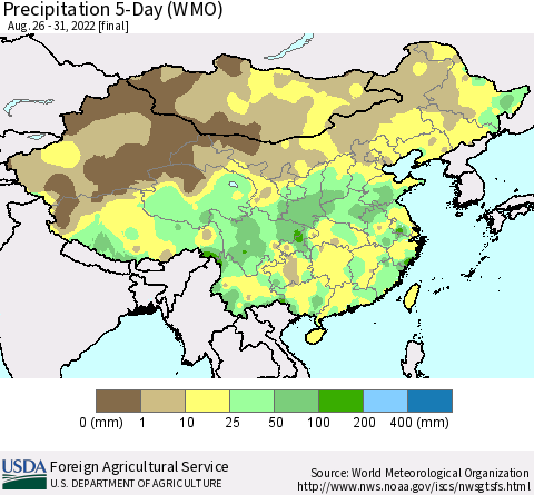 China, Mongolia and Taiwan Precipitation 5-Day (WMO) Thematic Map For 8/26/2022 - 8/31/2022