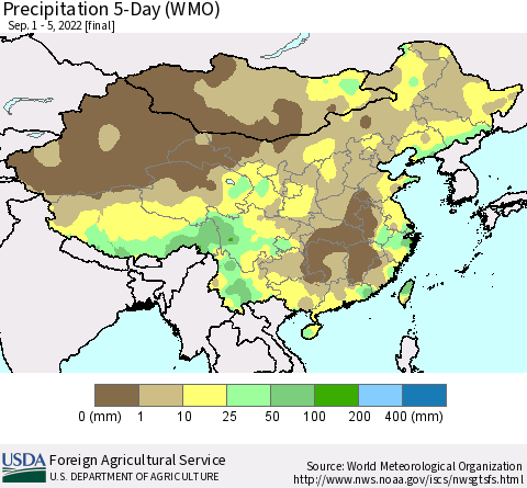 China, Mongolia and Taiwan Precipitation 5-Day (WMO) Thematic Map For 9/1/2022 - 9/5/2022