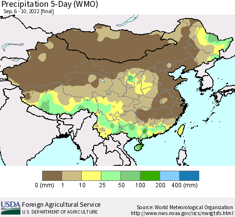 China, Mongolia and Taiwan Precipitation 5-Day (WMO) Thematic Map For 9/6/2022 - 9/10/2022