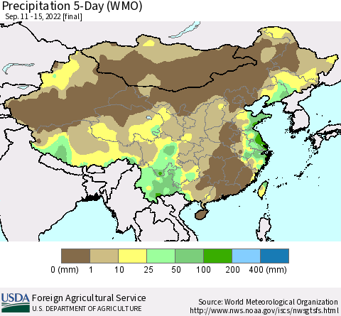China, Mongolia and Taiwan Precipitation 5-Day (WMO) Thematic Map For 9/11/2022 - 9/15/2022