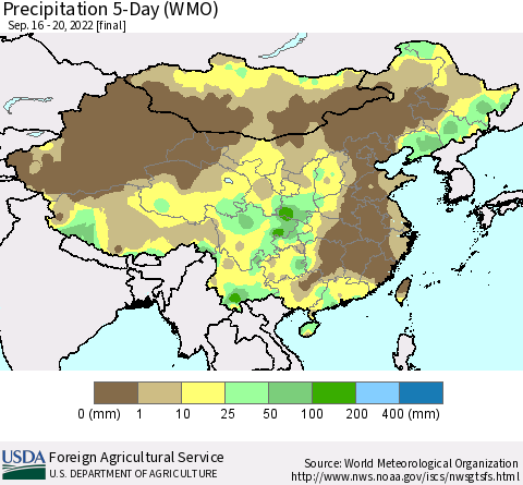 China, Mongolia and Taiwan Precipitation 5-Day (WMO) Thematic Map For 9/16/2022 - 9/20/2022