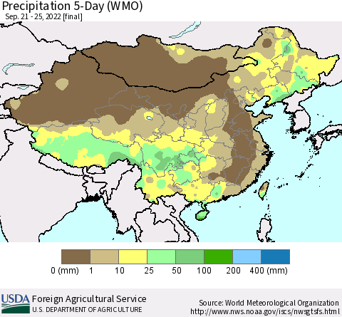 China, Mongolia and Taiwan Precipitation 5-Day (WMO) Thematic Map For 9/21/2022 - 9/25/2022
