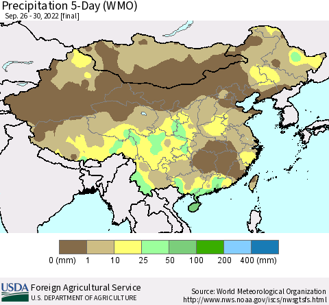 China, Mongolia and Taiwan Precipitation 5-Day (WMO) Thematic Map For 9/26/2022 - 9/30/2022