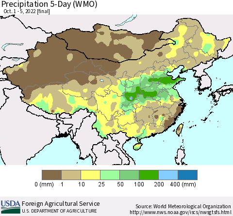 China, Mongolia and Taiwan Precipitation 5-Day (WMO) Thematic Map For 10/1/2022 - 10/5/2022