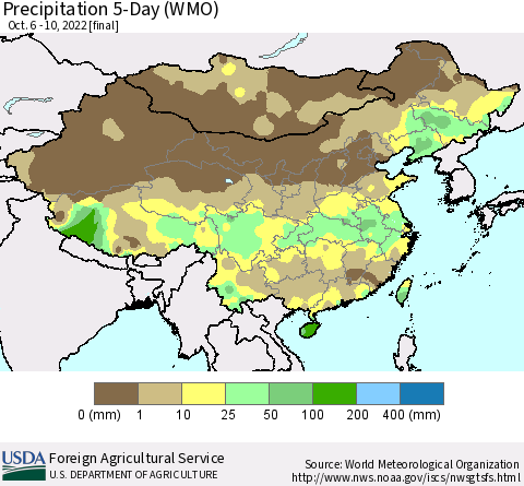 China, Mongolia and Taiwan Precipitation 5-Day (WMO) Thematic Map For 10/6/2022 - 10/10/2022