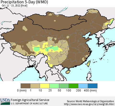 China, Mongolia and Taiwan Precipitation 5-Day (WMO) Thematic Map For 10/11/2022 - 10/15/2022