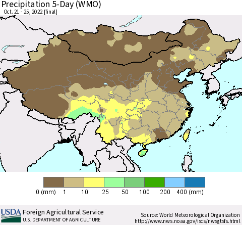 China, Mongolia and Taiwan Precipitation 5-Day (WMO) Thematic Map For 10/21/2022 - 10/25/2022