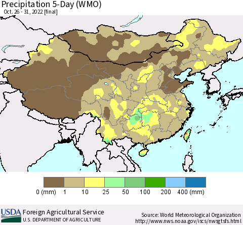 China, Mongolia and Taiwan Precipitation 5-Day (WMO) Thematic Map For 10/26/2022 - 10/31/2022