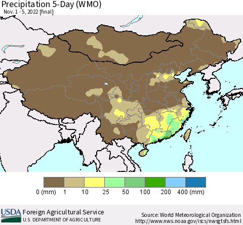 China, Mongolia and Taiwan Precipitation 5-Day (WMO) Thematic Map For 11/1/2022 - 11/5/2022