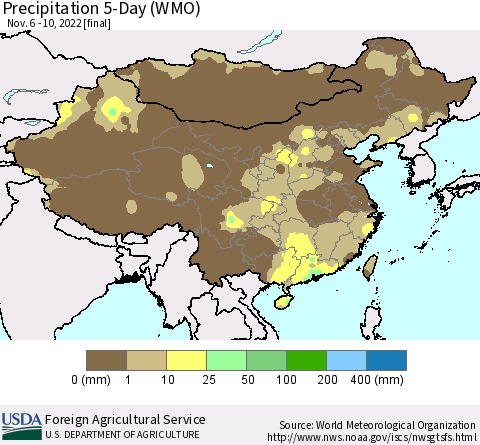 China, Mongolia and Taiwan Precipitation 5-Day (WMO) Thematic Map For 11/6/2022 - 11/10/2022