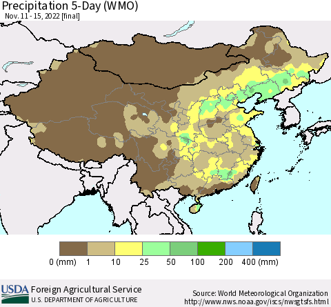 China, Mongolia and Taiwan Precipitation 5-Day (WMO) Thematic Map For 11/11/2022 - 11/15/2022