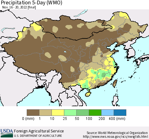 China, Mongolia and Taiwan Precipitation 5-Day (WMO) Thematic Map For 11/16/2022 - 11/20/2022