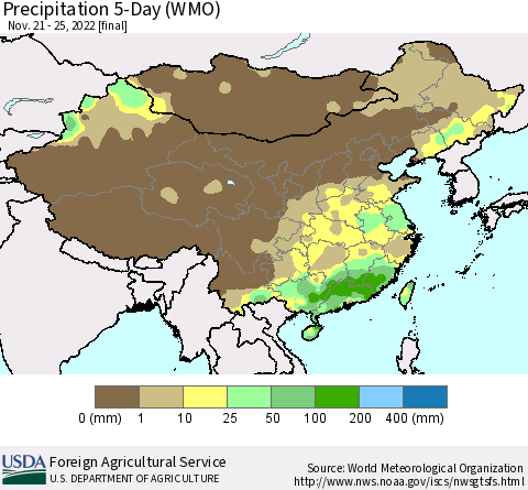 China, Mongolia and Taiwan Precipitation 5-Day (WMO) Thematic Map For 11/21/2022 - 11/25/2022