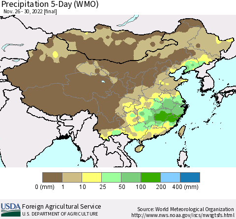 China, Mongolia and Taiwan Precipitation 5-Day (WMO) Thematic Map For 11/26/2022 - 11/30/2022