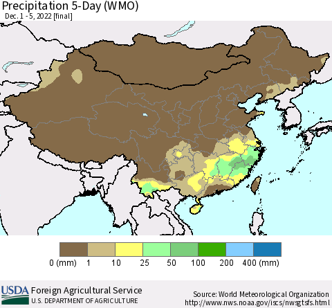 China, Mongolia and Taiwan Precipitation 5-Day (WMO) Thematic Map For 12/1/2022 - 12/5/2022