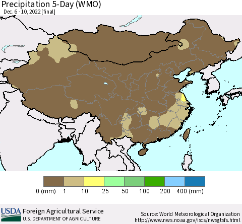 China, Mongolia and Taiwan Precipitation 5-Day (WMO) Thematic Map For 12/6/2022 - 12/10/2022