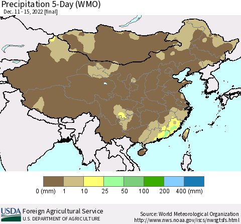 China, Mongolia and Taiwan Precipitation 5-Day (WMO) Thematic Map For 12/11/2022 - 12/15/2022