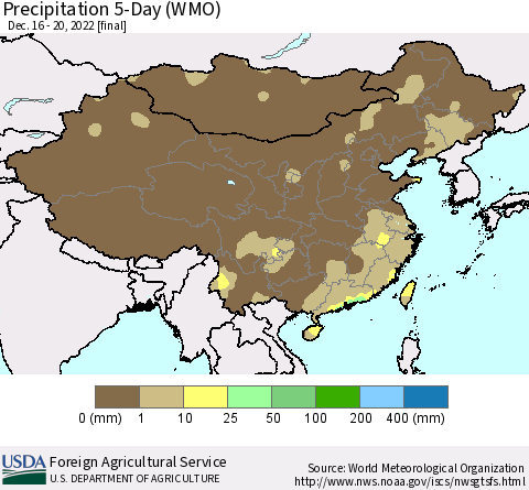 China, Mongolia and Taiwan Precipitation 5-Day (WMO) Thematic Map For 12/16/2022 - 12/20/2022