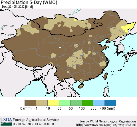 China, Mongolia and Taiwan Precipitation 5-Day (WMO) Thematic Map For 12/21/2022 - 12/25/2022